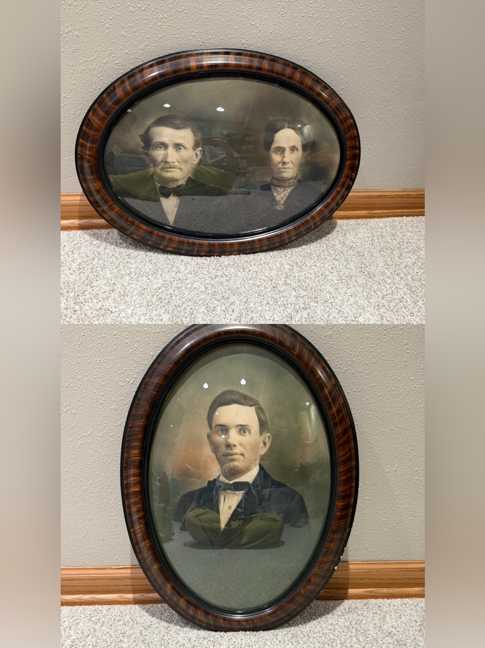 Set of 2 Antique Oval Convex Bubble Glass Portrait Frame Vintage